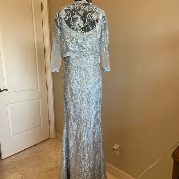 MAC DUGGAL LACE BEADED W/BOLERO JACKET PALE BLUE GOWN sz 10 - Picture 3 of 10